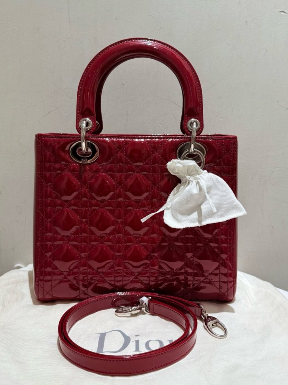 Dior Lady Dior Red Patent Leather 5-Cannage Handbag - Picture 8 of 9